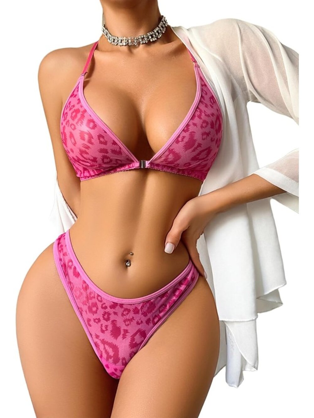 🆕Women's Leopard Rose Lingerie 2 Set Mesh Bra and Panty Sheer Baby doll Outfits